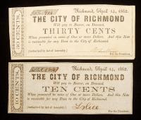 Richmond, Virginia. City of Richmond. April 14, 1862. Ten Cents and Thirty Cents Notes