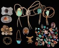 Seller's Inventory of Unusual Pendants, Bolos, Belt Buckles, Bracelets Loose Stones and a Large Trapezoidal Opal Pendant