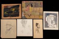 Collection of 12 Miniature Works of Art, Mid-Century Modern, Scenic and Portrait Sketch Including Alexandra Exter and Chaim Gros