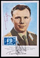 Yuri Gagarin. First Man In Space. Outstanding Signed Postcard With Commemorative Stamp and Cancel Signed in Red by Gagarin