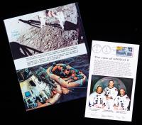 Apollo 11: Crew Signed Photo, Half Showing Armstrong and Aldrin on the Moon with Half of Recovery Crew Photo Including All Three