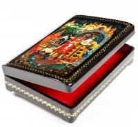 Exquisite Footed Russian Lacquer Box from Kholui Signed on Verso of a Fairy Tale King and Queen and Heroic Princess