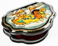 Russian Lacquer Box Boasting a Joyous Horse Drawn Sleigh of Four Village Women with Exceptionally Intricate Painted Borders on T