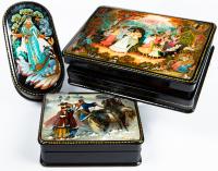 Three (3) Russian Lacquer Boxes from Palekh, Two By the Russian Collection: A Sumptuous Fairy Tale, a Queen and Stunning Sleigh