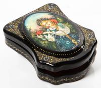 Russian Lacquer Box From Fedoskino with Extensive and Exceptional Hand Painted Gilt Gold & Silver Border Art and Stunning Fairy