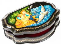 Russian Lacquer Box of "The Tale of Tsar Saltan" ("The Swan Princess") From Fedoskino. Beautifully Painted with Gilt Silver and