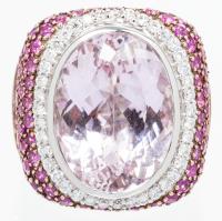 Kunzite Pink Sapphire Diamond 18 Karat White Gold Ring