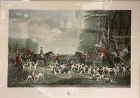 English, 19th Century Hand Painted Engraving "The Meet at Blagdon" Extremely Appealing Hunting Scene, J.W. Snow and Engraved by