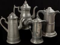 Four 19th Century Tall Pewter Coffee Style Pots, Overall Very Fine Condition, Beautiful Display Pieces