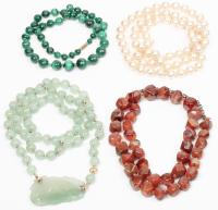 Ladies Four Casual Necklaces: Jade, Malachite, Agate and Faux Pearls