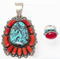 Stunning Navajo Pendant Sterling Silver, Turquoise and Coral Pendant by Emma Gincoln plus Lovely Turquoise and Coral Ring