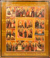 19th Century Hand Painted Russian Orthodox Church Icon Depicting The 12 Feast Days and the Resurrection, Gesso and Gilt Gold on