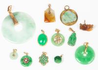 Ladies Jade Pendants and Charms set in 14K Yellow Gold Bezels and Accents. 11 Pieces.