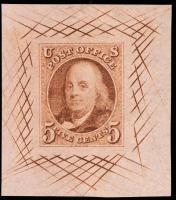 1847, 5Â¢ red brown, large die proof on colored bond paper (Sc 1P1b)