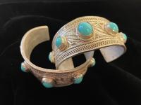 Two Ladies Persian Silver and Turquoise Cabochon Cuffs