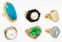 Collection of Six Ladies Rings Four are 14K Gold, Two 10K Having Opal, Aquamarine, Turquoise or Pearls