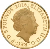 Elizabeth II (1952 -), Gold proof Crown of Five Pounds, 2016