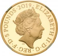 Elizabeth II (1952 -), Gold proof Crown of Five Pounds, 2019