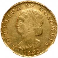 Republic of Colombia (1821-1837). Gold 8 Escudos, 1833 3 over 2-UR