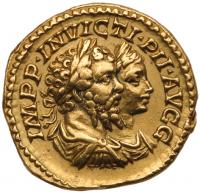 Septimius Severus, with Caracalla, as Caesar. Gold Aureus (7.41 g), AD 193-211 V