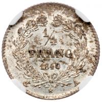 Louis Philippe I (1640-1701). Silver Â¼ Franc, 1840-A (KM 740.1). - 2