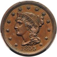 1855 N-5 R5- Upright 55 PCGS graded MS63 Brown