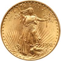 1908 $20 St. Gaudens. No Motto PCGS MS65