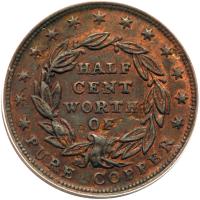 1837 Half Cent Token, Low-49 Rulau HT-73 R2 ANACS graded AU50 Cleaned - 2