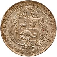 Peru. 5 Pesetas, 1880-B BF About Unc - 2