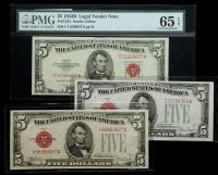 A Trio of Crisp Uncirculated Red Seal $5.00 Notes