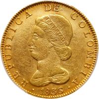 Colombia. 8 Escudos, 1836-RS (Bogota) PCGS About Unc