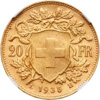 Switzerland. 20 Francs, 1935-LB NGC MS66 - 2