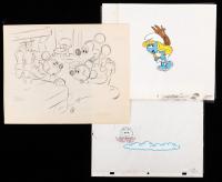 Walt Disney: Excellent Mickey Mouse Sketch and Nephews, Pencil on Paper by Timothy Jason Smith. Plus a Smurfett and a Scrubbing