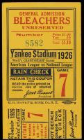 1926 World Series Ticket Game 7 Ticket Stub, Yankees over the Cardinals, Their 1st Championship, Babe Ruth Tagged Out Trying to