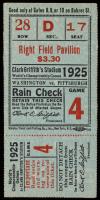 1925 World Series Ticket Game 4 Pittsburgh Pirates Over Washington Senators, Clark Griffith's Stadium