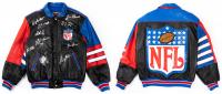 Rare, Vintage, Jeff Hamilton NFL Jacket Signed by Ten 1990s Sports Broadcasters Including Namath, Brown, Montana, Bradshaw, Aikm