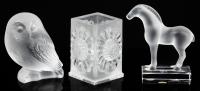 RenÃ© Lalique, Three Pieces: Tang Horse, Owl and Paquerettes Cigarette or Small Vase with Daisies.