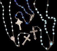 Three Rosaries: One Sterling Silver with Iridescent Blue Beads, The Other Two in Frosted, Seafoam Green Glass Beads