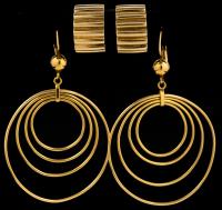 Two Pair of Lady's Yellow Gold Post Earrings; Concentric Hoop in 18K Yellow Gold and Ear Cuffs in 14K