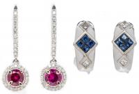 Lady's Pair of Jeweled Earrings One in 18K White Gold With Sapphires, One in 14K White Gold and Synthetic Rubies