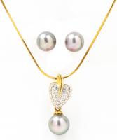 Lady's 18K Yellow Gold and Tahitian Pearl Pendant Necklace with Heart Shaped Drop and Tahitian Pearl Studs