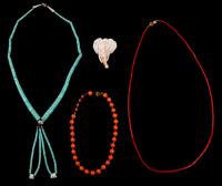 Three Vintage Necklaces; One Outstanding Turquoise Rondelle Bead Necklace and two of Coral. Also Handsome Carved Coral Elephant