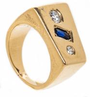 Gent's Heavy 14K Yellow Gold Ring with Two Round Brilliant Cut Diamonds Flanking a Fine Baguette Sapphire. Great Retro-Style