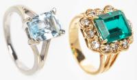 Two Lady's 14K Yellow and White Gold Rings, One with Lab Created Emerald with Round Brilliant Cut Diamonds, One Aquamarine