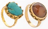 Two Antique Middle Eastern Rings in 14K Yellow Gold, One in Highly Polished Agate Cabochon, One Unpolished Persian Turquoise