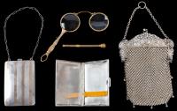 The Elegant Early 20th Century Woman: Sterling Silver Mesh Handbag Make-up Case, Cigarette Case + Lorgnette and Lead Pencil