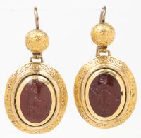 Ancient Roman, ca. 2nd Century AD, Carnelian Intaglios set into modern 14K Gold Neo Classical Design Earrings