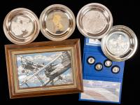 Franklin Mint Sterling Silver Pieces: 3 Outstanding Great West Plates, 1 George Washington, 1 Etched Dogfight Scene + US Kennedy