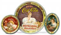 Coca-Cola: Three Highly Prized Antique Metal/Tin Trays: Medium,1900 Hilda Clark at Table, 1909 St. Louis World's Fair & Hilda w/