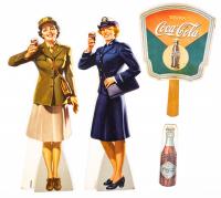 Two 1943 WWII Era Counter Standees of Women in Uniform, Vintage Cardboard Fan, Four Vintage Coca-Cola Bottle Openers and One Cli